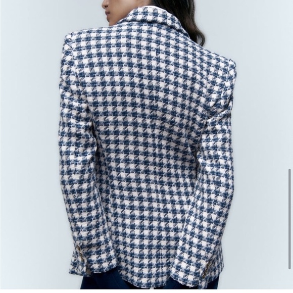 Zara Blue Double Breasted Houndstooth Blazer size S  academia preppy old money - Picture 5 of 13